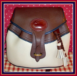 Pristine Bone Brown & Navy Teton Drawstring Saddle Bag Vintage Dooney Bourke Purse