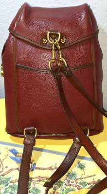 Vintage Dooney Bourke All-Weather Leather  Rouge and British Tan Drawstring Back Pack 