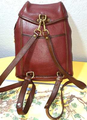 Vintage Dooney Bourke All-Weather Leather  Rouge and British Tan Drawstring Back Pack 