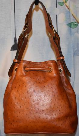 Dooney and Bourke Ostrich Embossed Leather Drawstring Bucket Bag