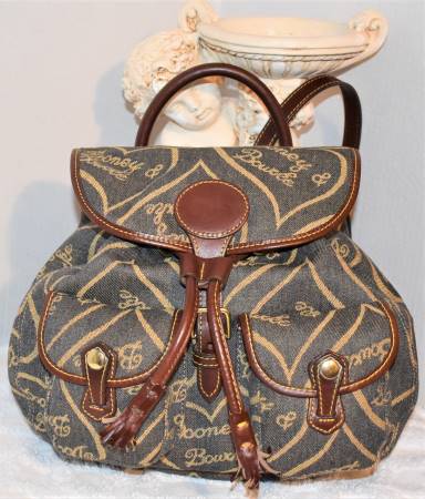 Vtg Dooney Bourke Denim Hearts Brown Signature Bag Purse Leather Strap