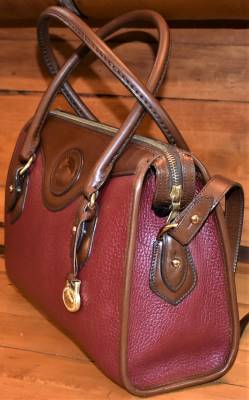 Vintage Dooney All Weather Leather Rouge and Burnt Cedar Zip Top Satchel Shoulder Bag