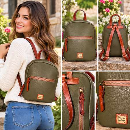 This compact backpack, made from rich pebble leather, is perfect for vacation, a day in the city, or the commute to work or school. It is truly in mint condition as it was worn for a vacation only. It retains 95% of its original semi-firm shape. The Zip Top Backpack offers a surprisingly roomy interior. The 2 exterior zip pockets offer more options & space for quick use. Made with Dooney and Bourke renown quality and attention to details such as the quick-retrieve key hook strap inside and braided zipper pulls for easy use and style. This mini backpack comfortably fits a small tablet, continental wallet, phone, keys, and sunglasses case, with space for a compact notebook or cosmetic pouch. Interior slip and zip pockets provide convenient organization for smaller essentials. Dual adjustable straps allow for a comfortable, customizable fit, and a top handle provides an alternative carrying option. Ideal for travel, weekend outings, or everyday wear, this  backpack combines hands-free convenience, designed to keep essentials securely close at hand.