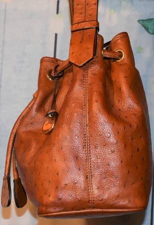 Dooney and Bourke Ostrich Embossed Leather Drawstring Bucket Bag